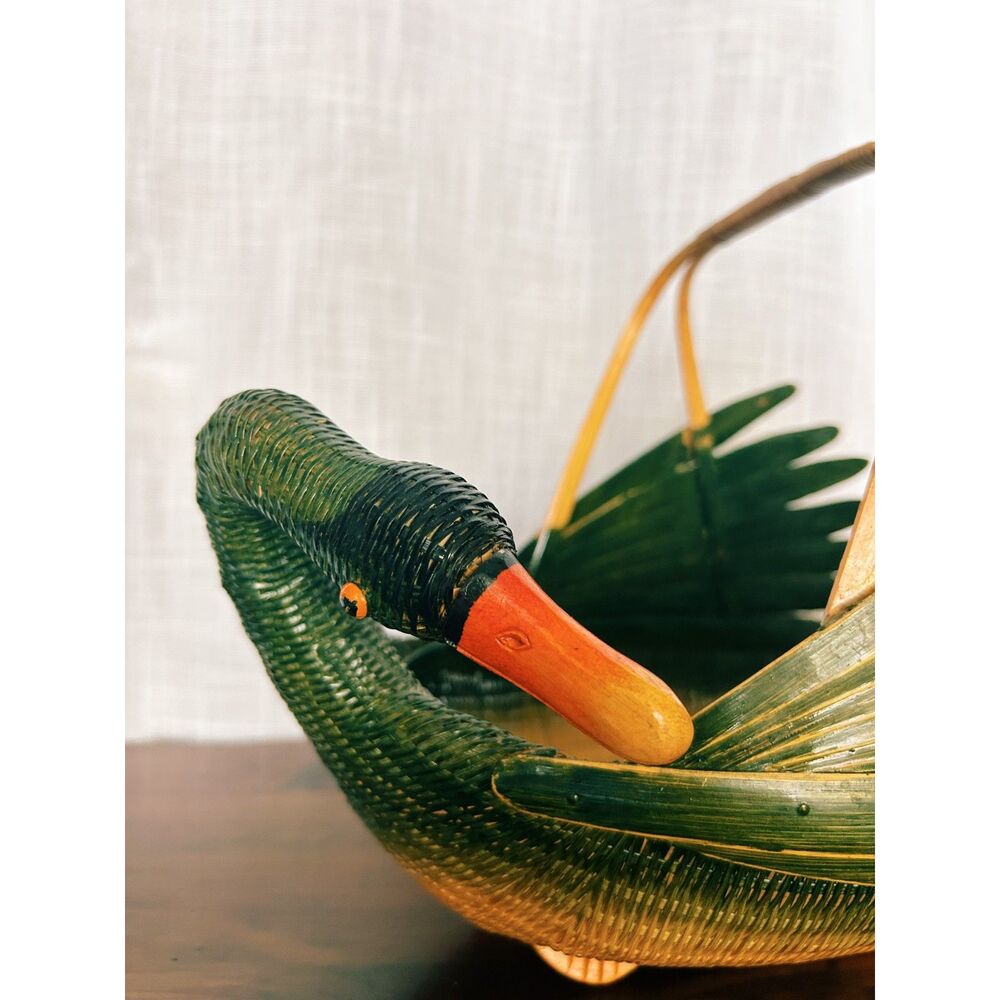 Vintage Chinese Hand-Woven Bamboo Duck Gathering Basket